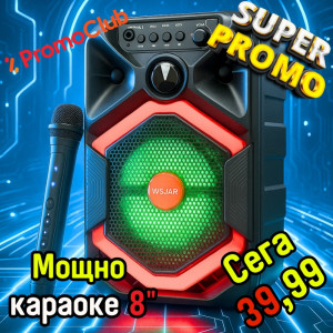 Парти тонколона с БЕЗЖИЧЕН МИКРОФОН, акумулаторна, 8 инча бас, 25W Pmax, до 10 часа безжична работа, караоке